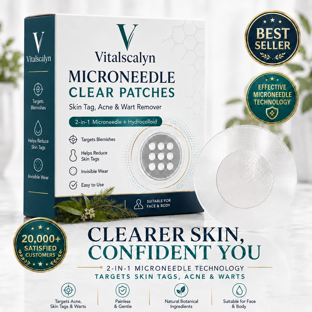 ✨2-in-1 Microneedle & Hydrocolloid Patch🍀| Removes Raised Moles, Acne, Flat Warts & Skin Tags | Helps Improve Wrinkles, Scars & Blemishes | Invisible Patches for Face & Body